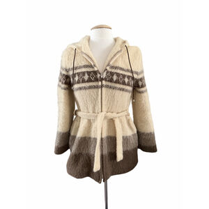 Women's Alafoss Icewool Cream & Brown Fair Isle Hooded Cardigan S